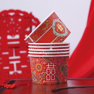 使い捨ての食器100pcs/パック中国の伝統480mlの結婚式のボウルペーパーラウンド家庭の幸せな物資