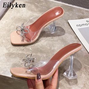 Eilyken kapcie damskie 2021 przezroczyste wysokie obcasy Sexy kwadratowy nosek moda Rhinestone Bowtie buty weselne dla pani aw322