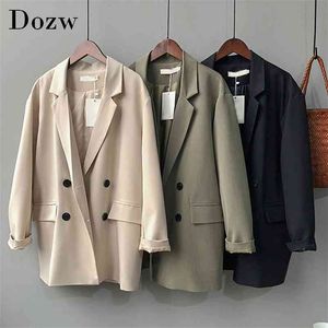 Elegant Solid Office Blazer Women Double Breasted Pockets Outwear Jacket Loose Casual Long Sleeve Ladies Coat 210515