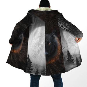 Wholesale hooded cloaks for women resale online - Men s Wool Blends Winter Men For Women Hooded Cloak Black And White Wolf D All Over Prined Fleece Wind Breaker Warm Hood