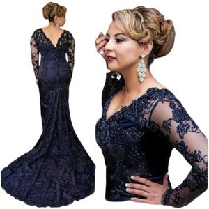 Navy Blue Lace Mother of the Bride Dresses 2022 New Nele V-Neck Long Sleeve Mermaid Mother of the Groom Wedding Guots M63340a