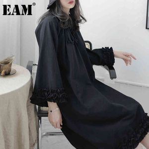 [EAM] Women Black Big Size Ruffles Dress Peter Pan Collar Long Sleeve Loose Fit Fashion Spring Autumn 1DD7180 21512