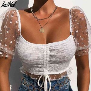 Elegante Quadrado Collar Tops Mulheres Verão Low Cut Cut Camisetas Polka Dot Imprimir Malha Slow Sleeve Slim T-shirt Tops Sexy Plissado Camiseta 210514