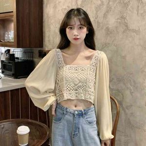 WERUERUYU Spring Women's V-neck Long-sleeved Solid Color Hollow Lace Shirt Design Niche Was Thin 210608