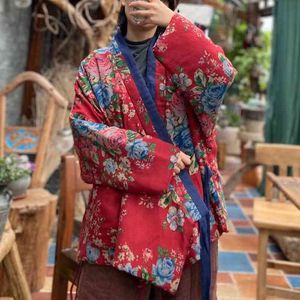 Johnature Women Warm Cotton Patchwork Print Flower Coat Parkas V-Neck Spring Loose Retro Women Vintage Parkas 210521