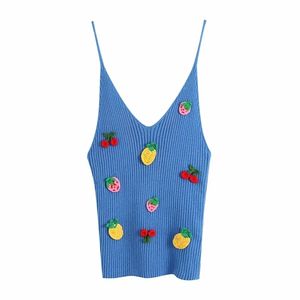 Sweet Women V Neck Knitted Camis Summer Fashion Ladies High Street Female Fruit Embroidery Thread Top 210515