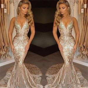 2021 Lyxig guld Sequined Mermaid Evening Dresses Wear Deep V Neck Sweep Train Lång Formell Plus Size Special Occasion Prom Party Pageant Gowns