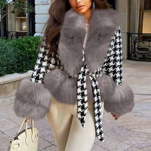 女性のジャケットの女性の高級ウールコート冬のファッション格子リアルファー千鳥格子厚く暖かいふわふわアウター #10