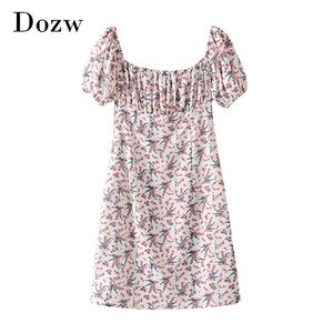 Elegant Floral Printed Mini Dress For Women Short Sleeve Sweet Summer Square Collar Beach Party es Bodycon Sundress 210515