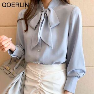 Bow Tie Button Cuff Women Blouse Elegant Long Sleeve Shirts Office Ladies Plus Size Single Breasted Solid Spring Shirt 210601