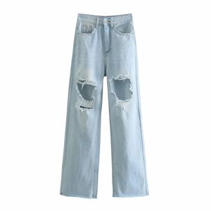 BBWM Donna Jeans Abbigliamento Vita alta Strappato Estate Streetwear Baggy Gamba larga Pantaloni dritti moda vintage 210520