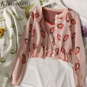 Kimutomo Strawberry Print Suit Single Breasted Long Sleeve Cardigan + Slimming Short Sling Two Piece Set Korean Women Fashion 210521