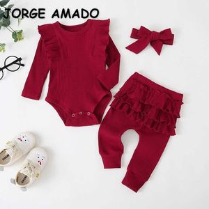 Wholesale Spring Baby Pajamas 3-pcs Sets Knitting Waffee Long Sleeves Bodysuit +pants with Headwear Clothes E010 210610