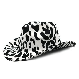 Geniş Brim Batı Kovboy Cowgirl Şapka İnek Baskılı Erkek Kadın Yün Fedora Şapkalar Deri Kemer Band Siyah Ve Beyaz Noktalar Panama Kapağı