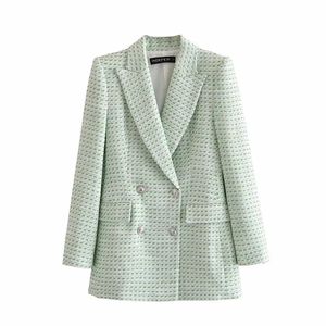 Şık Açık Yeşil Kruvaze Tüvit Kadın Blazer Ceket Vintage Uzun Ceket Kaban Ofis Lady Moda Dış Giyim 210521