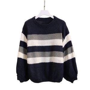 Women Sweater Knitted Pullovers Long Sleeve Navy Blue Striped Loose Winter Casual M0037 210514