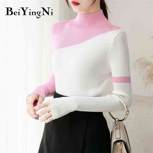 Koreanska stil kvinnliga toppar Knitwear Spell Color Slim Turtleneck Tröjor Kvinnor Vintage Pullovers Pull Femme 210506