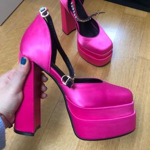 크리스탈 하이 힐과 실크 새틴 플랫폼 드레스 신발 버클 스트랩 저녁 파티 Womens Mary Jane 웨딩 신발 공장 진짜 사진