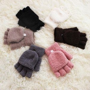 Winter Soft Coral Fleece Flip Cover Half Finger Gloves Men Women Warmer Mittens For Girls Christmas Gifts