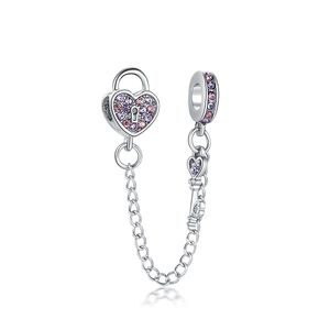 Fit Bracciale in argento sterling Viola Blu Bianco Cuore Chiave dell'armadietto Catena di sicurezza Fermaglio europeo in cristallo con chiusura a clip Si adatta ai risultati dei gioielli del braccialetto Pandora