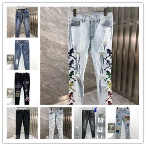 Mężczyzna Designer Jeans Multiple Style Mężczyźni Dżins Diament Dekoracji Haft Wąż Vintage Spodnie Moda Slim-Neg Holes Motocykl Biker Jean