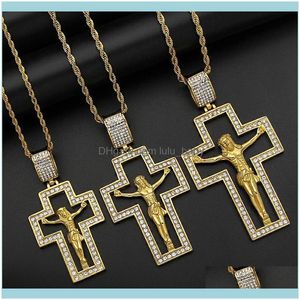 Hängsmycken juvelerarhalsband Hip Hop bling guldfärg rostfritt stål inri Crucifix Jesus ihåliga korshängen halsband för män juvel
