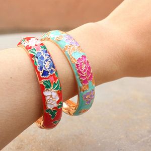 Cloisonne Enamel Widen Peony Flower Bangle Jewelry Women Hard Bracelet Chinese Copper Jewellery Accessories Gift