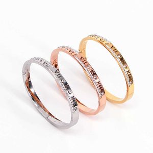 Trendy Roman Numerals Bracelet para Mulheres Personalidade Cúbica Zircônia Rosa Pulseira De Ouro Aço Inoxidável Feminino Jóias Q0717