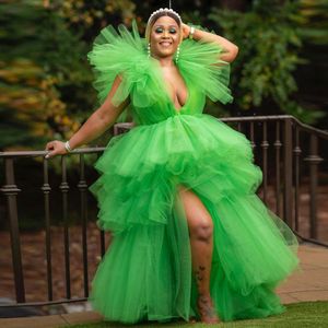 Renkli 2021 Yem Yeşil Tül Balo Elbiseler Ruffles Katmanlı Uzun Bölünmüş Abiye giyim Parti Elbise Doğum Günü Artı Boyutu
