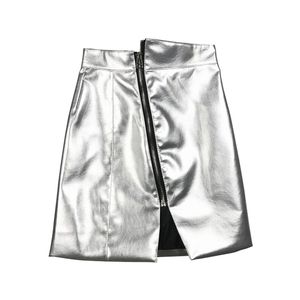 PU Schwarz Silver High Street Solid Asymmetrische Mini -Kurzimperaturrock Reißverschluss S0126 210514