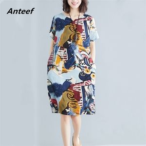 manica corta plus size cotone vintage floreale donna casual sciolto midi abito estivo abiti eleganti abiti da donna prendisole 210323