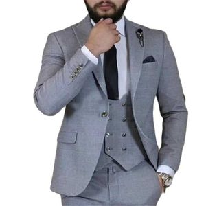 Senaste Designs Grey Mens Suit 3 Piece Slim Fit Prom Bröllop Brudgum Tuxedo Business Male Fashion Jacket Vest med byxor 2021 x0909