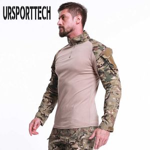 Ursportech camuflagem camuflagem t-shirt homens soldados táticos manga longa camisa militar exército camisa tática caça combate t-shirt homem tops 210528