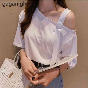 Sexy Off Shoulder Women Short Sleeve T-Shirt Slash Neck Solid White Loose Tshirt Summer Tee Tops Plus Size M-4XL 210601