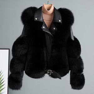 Women Faux Fur Coat with Winter Fashion 2022 New Motocycle Style Luxury Fox Fur Leather Jackets Woman Trendy Overcoats