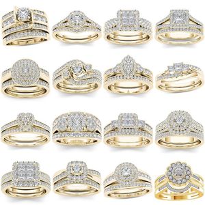 Anéis de casamento 2pcs Conjunto de noivas elegantes anel de engajamento de cristal de luxo cor de ouro redondo zircão para mulheres boho jóias 2021