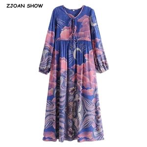 Bohemia Bandage Allacciatura Colletto Blue Space Moon Flower Print Dress BOHO Donna Manica lunga Maxi Abiti da festa Beach 210429