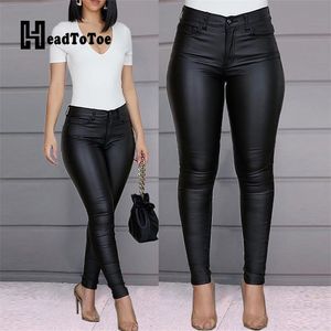 Sólido Botão Casual Coated Pu Calças Mulheres Skinny Lápis 210925