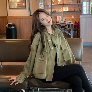 Arrival Spring Autumn Women Loose Short Jackets Retro Fashion Double Pocket Tooling Coat Stand Collar Casual Coats D358 210512
