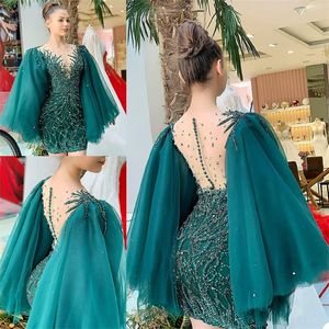 Glitter Kısa Abiye Kristal Boncuk Aplike Dantel Lüks Balo Pageant Kıyafeti Robe De Mariée Uzun Kollu Sweep Tren Custom Made Kılıf Parti Abiye