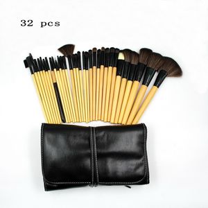 32 Makeup Borste Set Kvalitet Professionell Kosmetisk Make Up Kit Trähandtag Naturligt hår med läderfodral