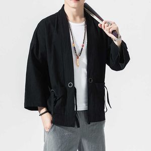 2021 Estate Harajuku Uomo Protezione solare Abbigliamento Kimono Giacche casual Maschile Punto aperto Solido Giacca da uomo in stile cinese Outwear X0621