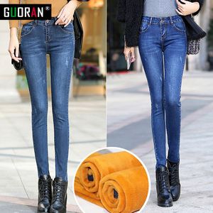 Jeans caldi invernali in cashmere Donna con jeans neri a vita alta per ragazze Stretching Pantaloni skinny jeans a matita taglia grande 26-32 210519