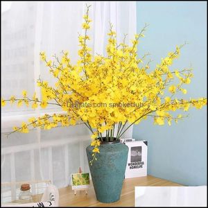 Festliga tillbehör trädgård dekorativa blommor kransar 5st handgjorda beautif bröllop konstgjorda blomma gul oncidium för fest vardagsrum h