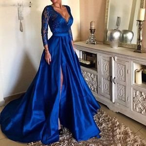 Party Dresses Royal Blue Prom 2021 V Neck Applique Lace Top Evening Dress Long Sleeve Floor Length Formal Vestido Formatura