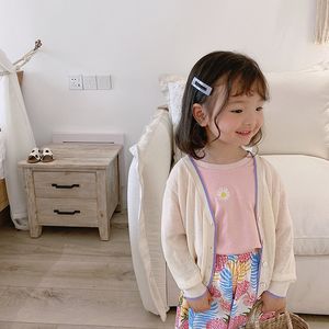 Summer cute girls thin knitted cardigans kids solid color v-neck jackets children outwears 210508