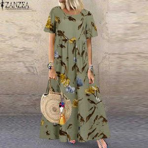 ZANZEA Fashion Summer Maxi DrWomen's Printed SundrCasual Short Sleeve Vestidos Female High Waist Robe Femme Plus Size X0529