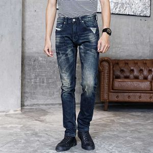 Italian Style Fashion Men Jeans Retro Dark Blue Ripped Denim Trousers Patchwork Embroidery Designer Vintage Cotton Long Pants