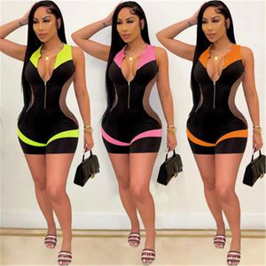 Womens Splicing Colors Mesh Rompers Fashion Trend Ärmlös V-Neck Zipper Toppar Hög midja Skinny Shorts Designer Kvinna Slim Jumpsuits XM1190