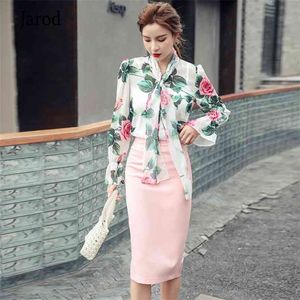 Women Summer Two Piece Set Sexy white See Through Chiffon Rose Floral Print Bow Collar Shirt Top + Pink pencil Skirt Suit 210519